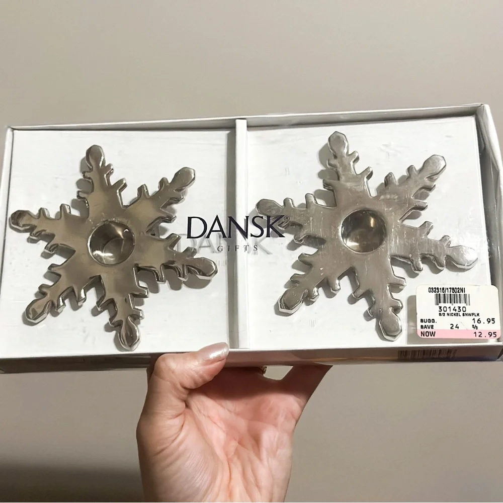 Dansk Silver Snowflake Candle Holders Set of 2 Nickel Plated Taper Holders MCM